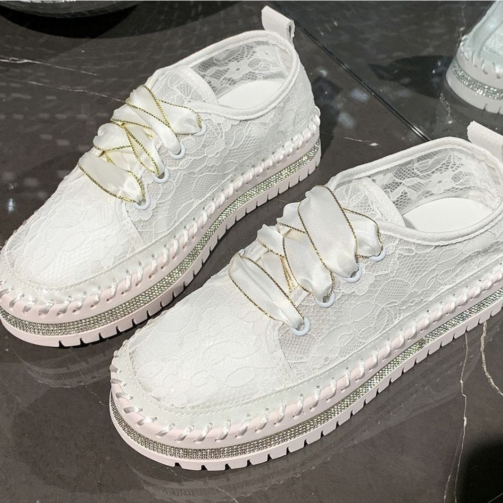 Round Toe Platform Loafers – Chic Lace Mesh Sneaker Low Heel Slip-Ons Pink Sole